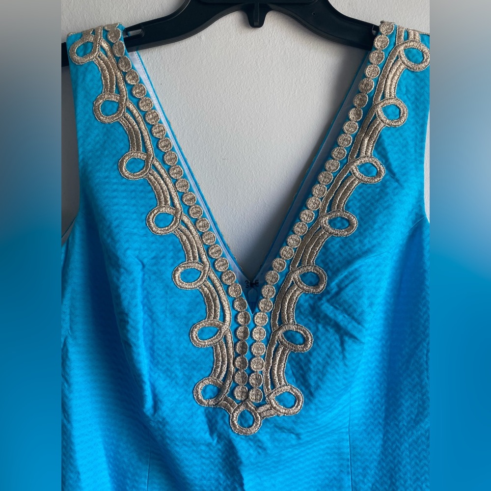 Lilly Pulitzer Bentley Shift Dress Searulean Blue Gold Embroidered Size 10 - Picture 5 of 13